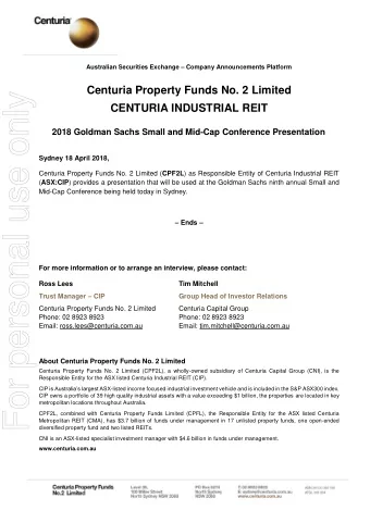 For personal use only  CENTURIA INDUSTRIAL REIT 2018 Goldman Sachs Small and Mid-Cap Conference