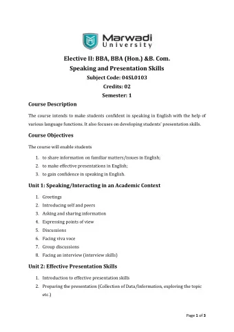 Elective II: BBA, BBA (Hon.) &amp;B. Com.  Speaking and Presentation Skills  Subject Code: 04SL0103