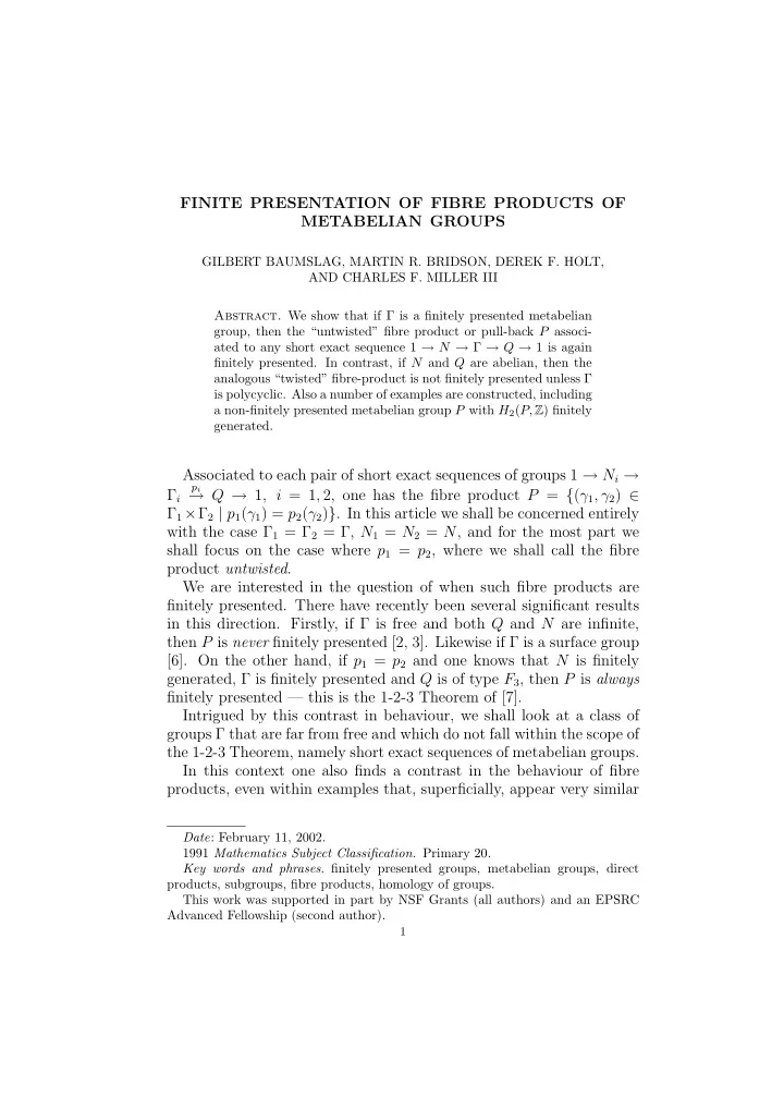 finite presentation of fibre products of metabelian groups