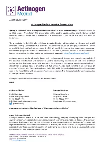 Actinogen Medical Investor Presentation Sydney, 9 September 2020. Actinogen Medical ASX: ACW