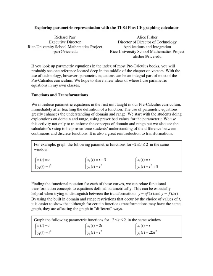 for example graph the following parametric functions for