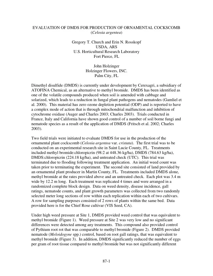 evaluation of dmds for production of ornamental cockscomb
