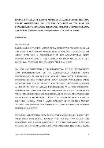 SPEECH BY MALAWIS DEPUTY MINISTER OF AGRICULTURE, THE HON.  FRANK MWENIFUMBO, M.P. ON THE