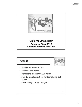 Uniform Data System Calendar Year 2013 Bureau of Primary Health Care Agenda  Brief Introduction