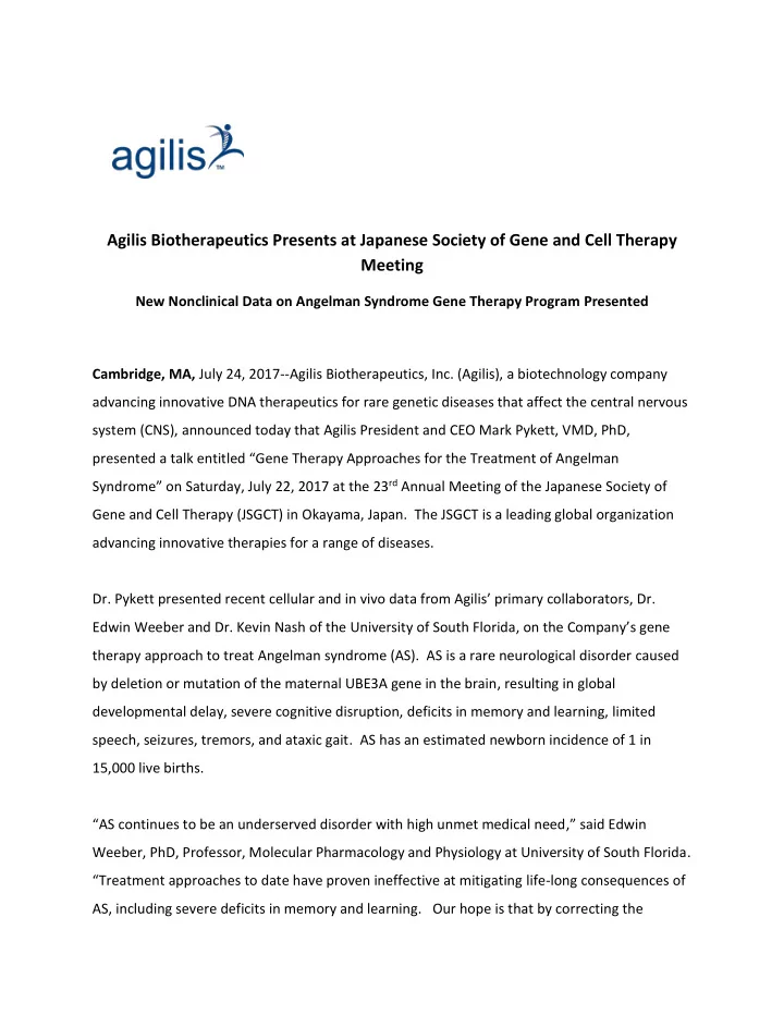 agilis biotherapeutics presents at japanese society of