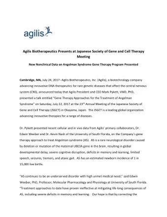 Agilis Biotherapeutics Presents at Japanese Society of Gene and Cell Therapy  Meeting  New