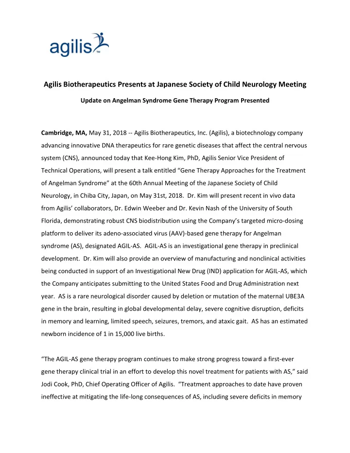 agilis biotherapeutics presents at japanese society of