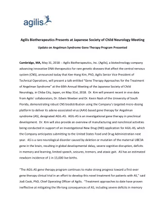 Agilis Biotherapeutics Presents at Japanese Society of Child Neurology Meeting  Update on Angelman
