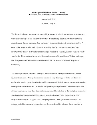 Are Corporate Family Chapter 11 Filings  Governed by a Different Good Faith Standard?  March/April