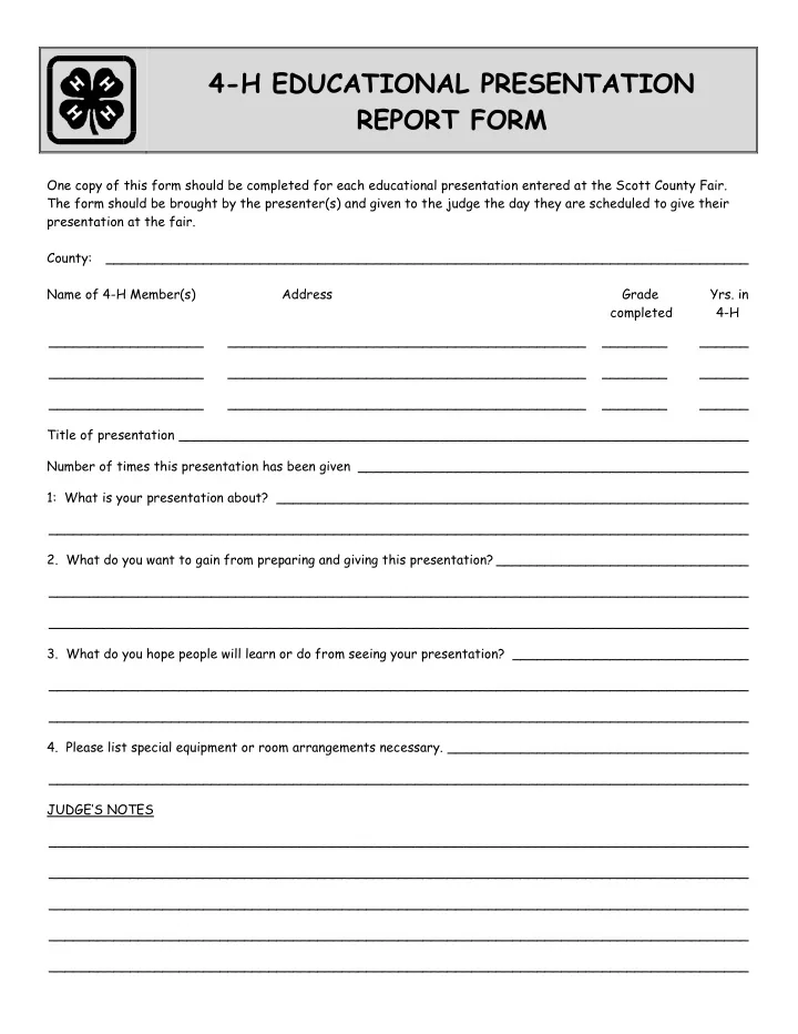 4 h educational presentation report form