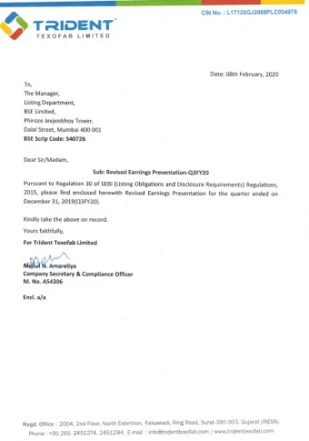 TIDENT'  TEXOFAB LIMITED  Date: 08th February, 2020  To,  The Manager,  Listing Department,  BSE