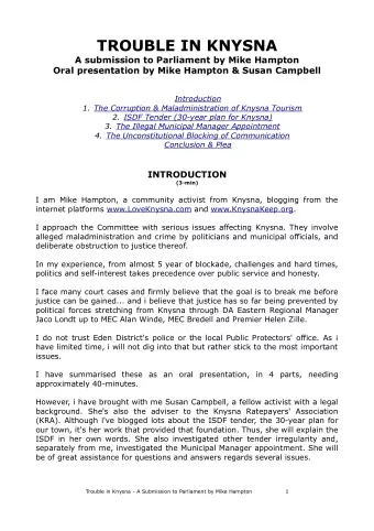 TROUBLE IN KNYSNA  A submission to Parliament by Mike Hampton  Oral presentation by Mike Hampton