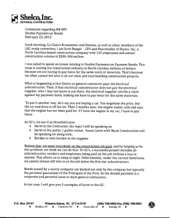 i  GENERAL CONTRACTORS  Comments regarding HB 489  Double Payment on Bonds  February 23, 2012  Good