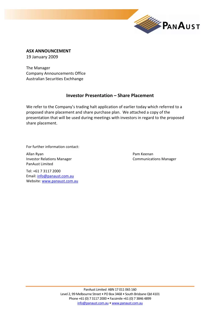 asx announcement 19 january 2009 the manager company