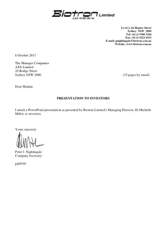 6 October 2017  The Manager Companies  ASX Limited  20 Bridge Street  Sydney NSW 2000  (15 pages by