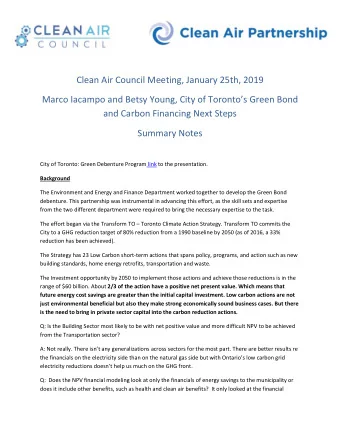 Clean Air Council Meeting, January 25th, 2019  Marco Iacampo and Betsy Young, City of Torontos
