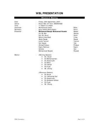 WBL PRESENTATI ON  Minutes of  Meeting  Date  :  Friday, 29th September, 2007 Room G02, G rd floor,