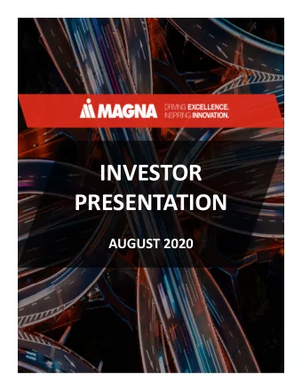 INVESTOR  PRESENTATION  AUGUST 2020  Forward Looking Statements  Certain statements in this