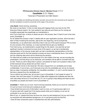 Candidate 1  (11:10am)  Transcript of Presentation and Q&amp;A Session  (Name of candidate and