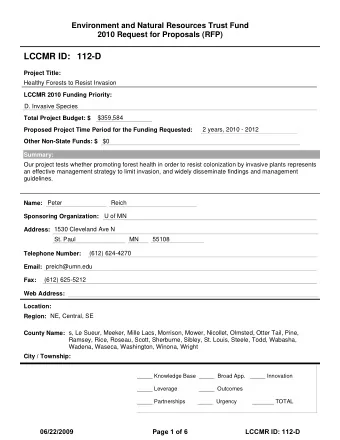 LCCMR ID: 112-D  Project Title:  Healthy Forests to Resist Invasion  LCCMR 2010 Funding Priority: