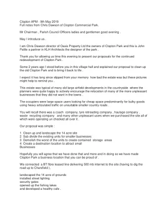 Clopton APM - 9th May 2019  Full notes from Chris Dawson of Clopton Commercial Park.  Mr Chairman ,