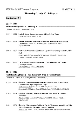 123HiMAT-2015 Tentative Programs 18 MAY 2015 Thursday 2 July 2015 (Day 3)  Auditorium A 09:15