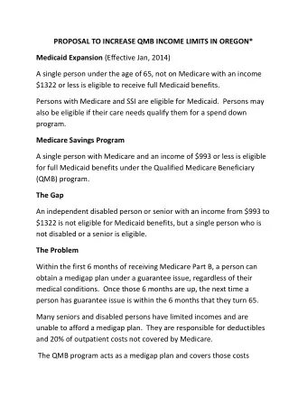 PROPOSAL TO INCREASE QMB INCOME LIMITS IN OREGON* Medicaid Expansion (Effective Jan, 2014)  A