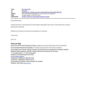 Good Afternoon,  Please find ECCCs presentation for the Public Hearing for the Town of Hay River