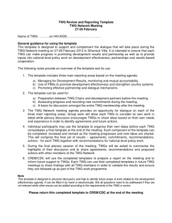 TWG Review and Reporting Template  TWG Network Meeting  27-28 February  Name of TWG:  on