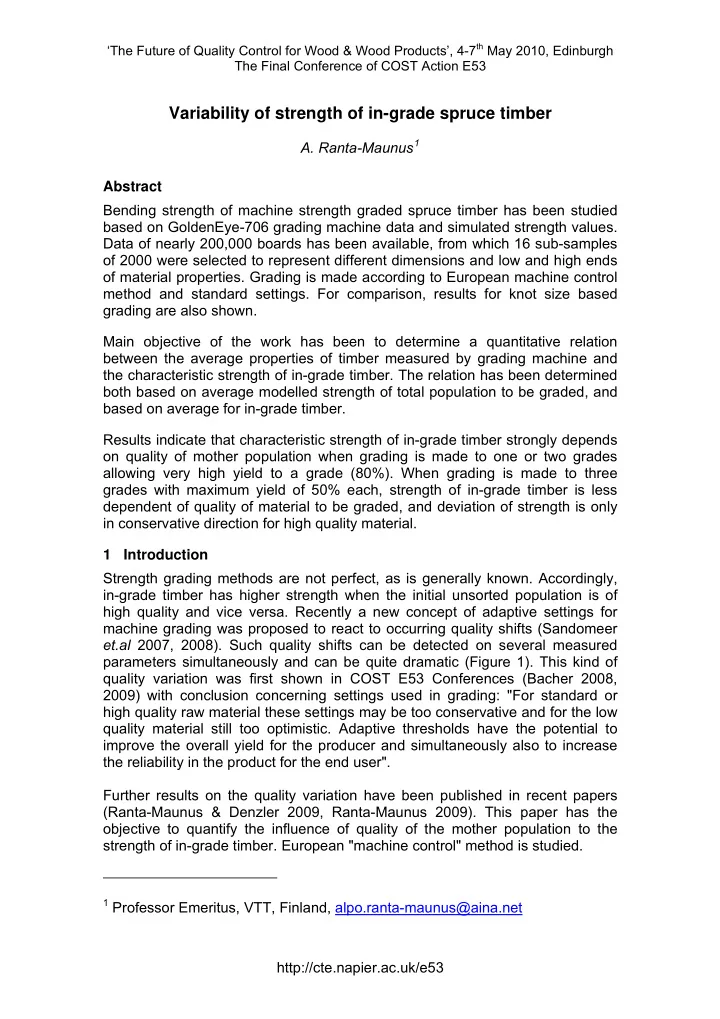 variability of strength of in grade spruce timber