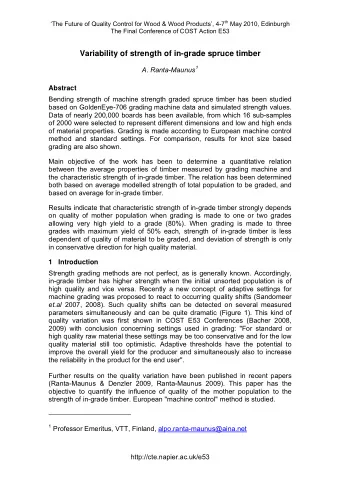 Variability of strength of in-grade spruce timber A. Ranta-Maunus 1  Abstract  Bending strength of