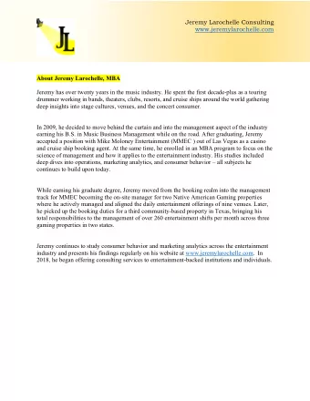 Jeremy Larochelle Consulting  www.jeremylarochelle.com  About Jeremy Larochelle, MBA  Jeremy has