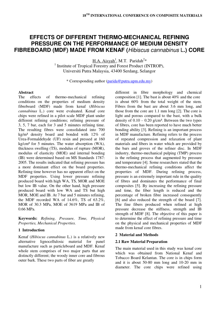 effects of different thermo mechanical refining pressure