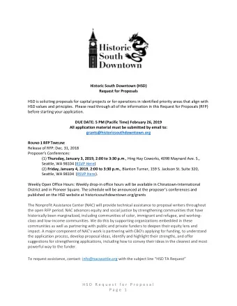 Historic South Downtown (HSD)  Request for Proposals  HSD is soliciting proposals for capital