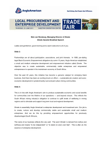 Nick van Rensburg, Managing Director of Zimele Zimele Awards Breakfast Speech  Ladies and