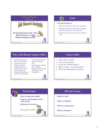 Goals  Effective  You will be able to:   Explain to others why JHAs are important