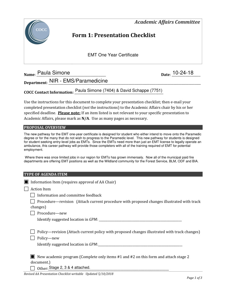 form 1 presentation checklist