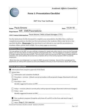 Form 1: Presentation Checklist  EMT One Year Certificate  Paula Simone  10-24-18 Name :