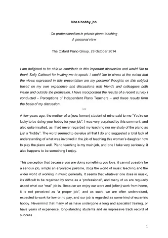 Not a hobby job  On professionalism in private piano teaching  A personal view  The Oxford Piano