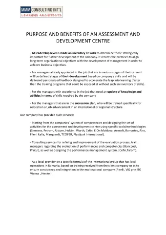 PURPOSE AND BENEFITS OF AN ASSESSMENT AND  DEVELOPMENT CENTRE - At leadership level is made an