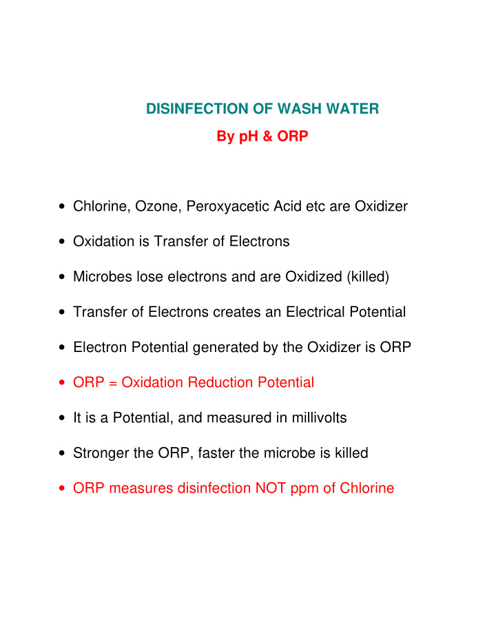 disinfection of wash water by ph orp