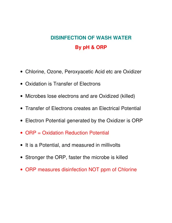 disinfection of wash water by ph orp