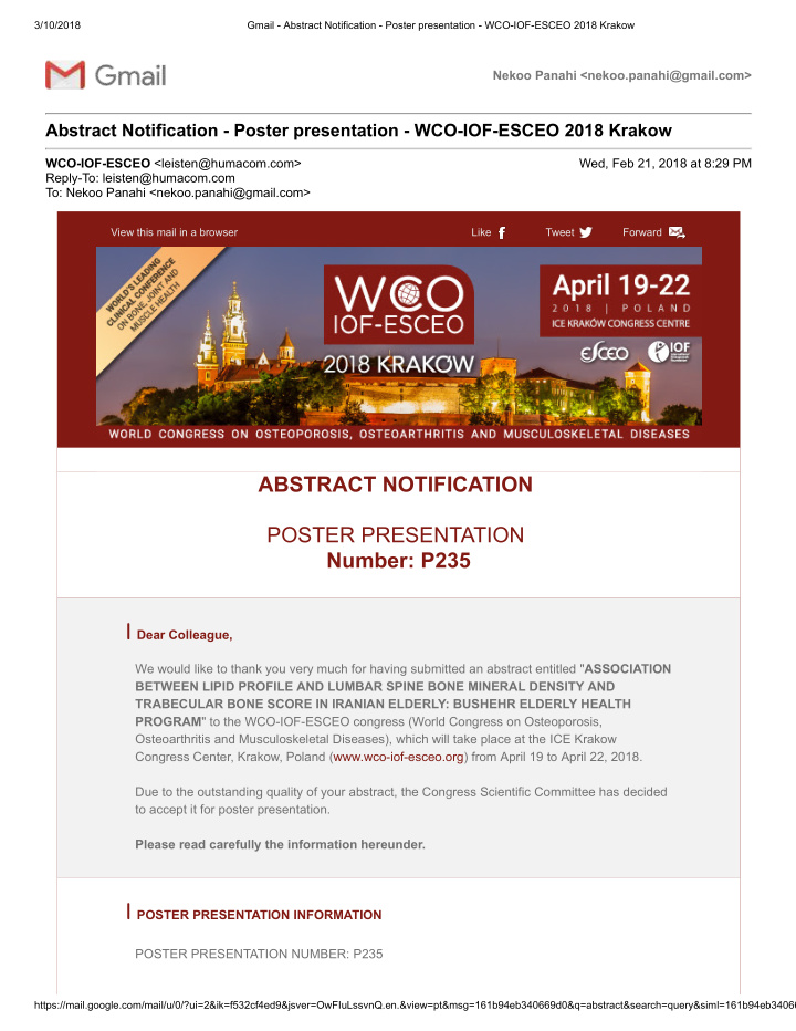 abstract notification poster presentation number p235