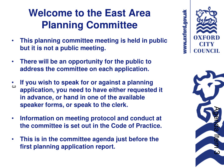 welcome to the east area planning committee