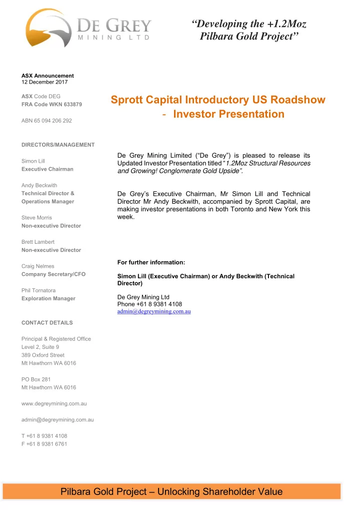 developing the 1 2moz pilbara gold project