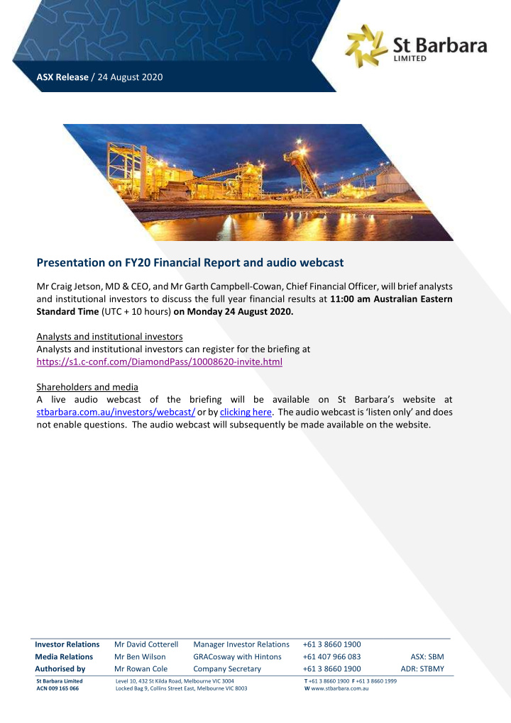 presentation on fy20 financial report and audio webcast