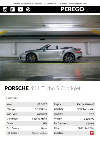 PEREGO CARS PORSCHE 911 Turbo S Cabriolet  Summary  Engine  Year  07.2017  Flat-Six 3800 cm3