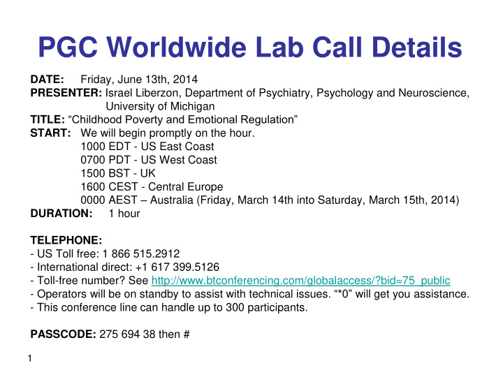 pgc worldwide lab call details