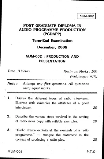 POST GRADUATE DIPLOMA IN  AUDIO PROGRAMME  PRODUCTION  (PGDAPP)  Term-End Examination  December,