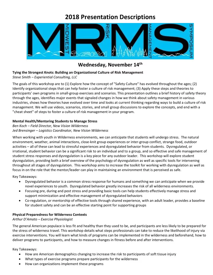 2018 presentation descriptions